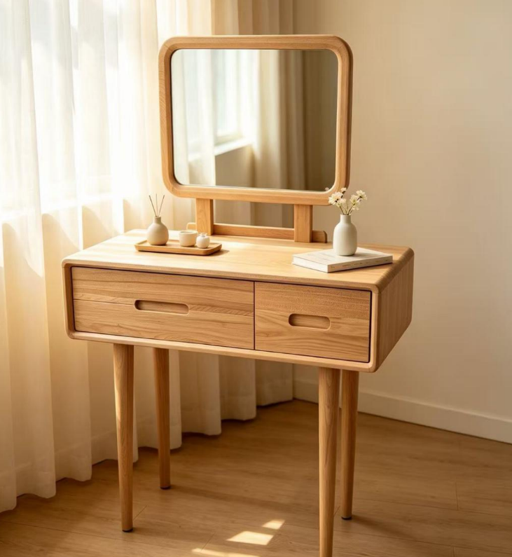 Solid Elm Vanity Table with Mirror