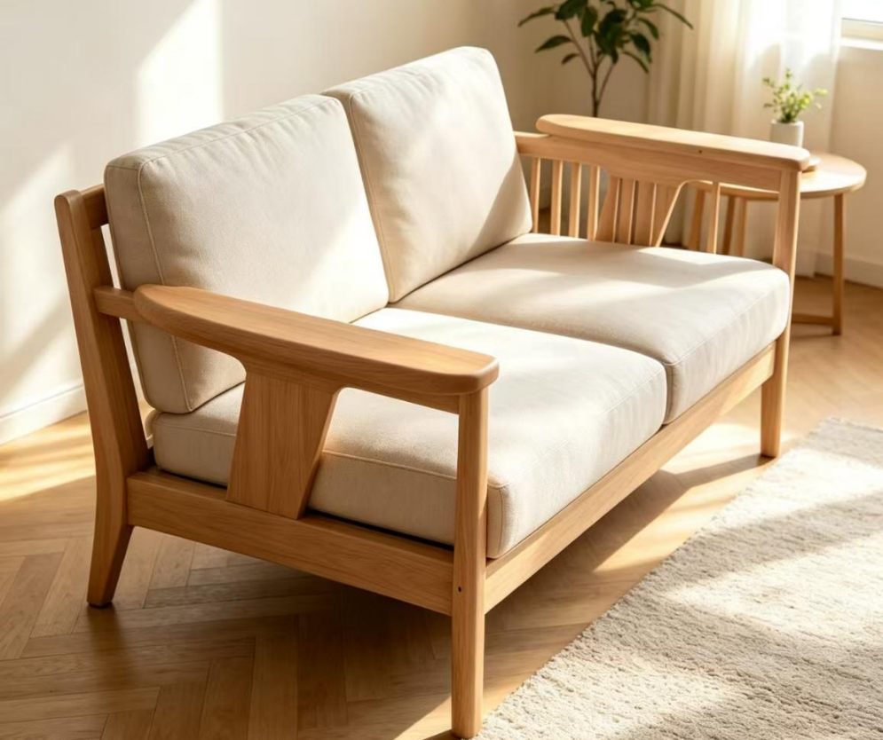 Solid Elm Wood 4-Seater Sofa