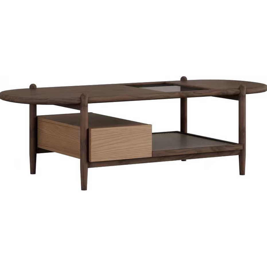 Walnut Finish Coffee Table with Grey Glass Top