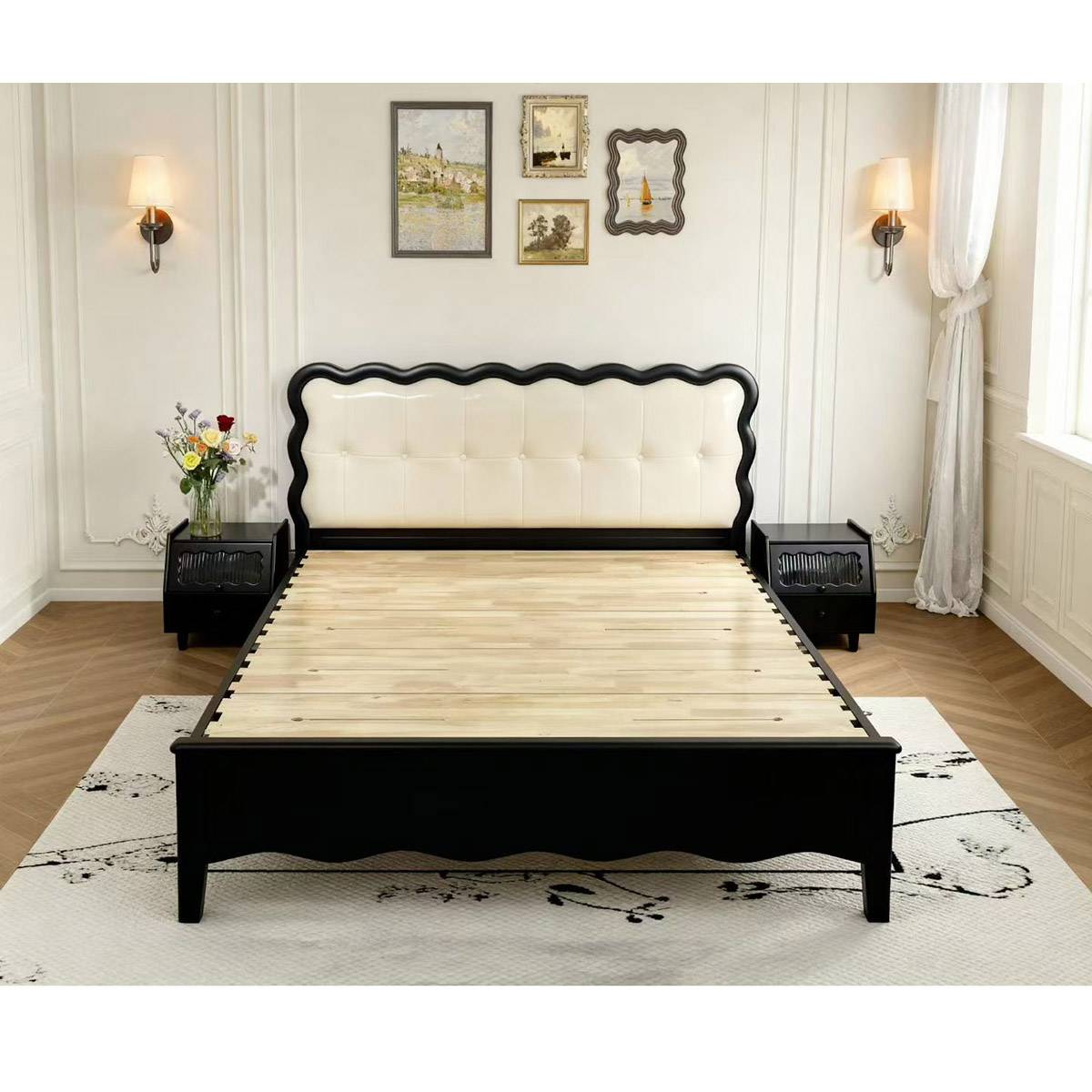 Light cream frame mid-century bed with cream tufted headboard and matching nightstands