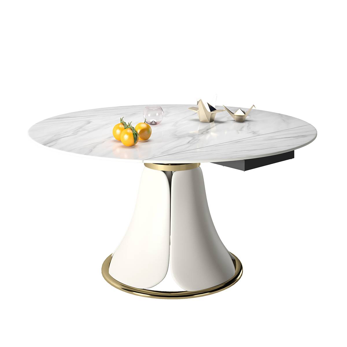 White round dining table with sintered stone top and white leather-wrapped base with gold accents