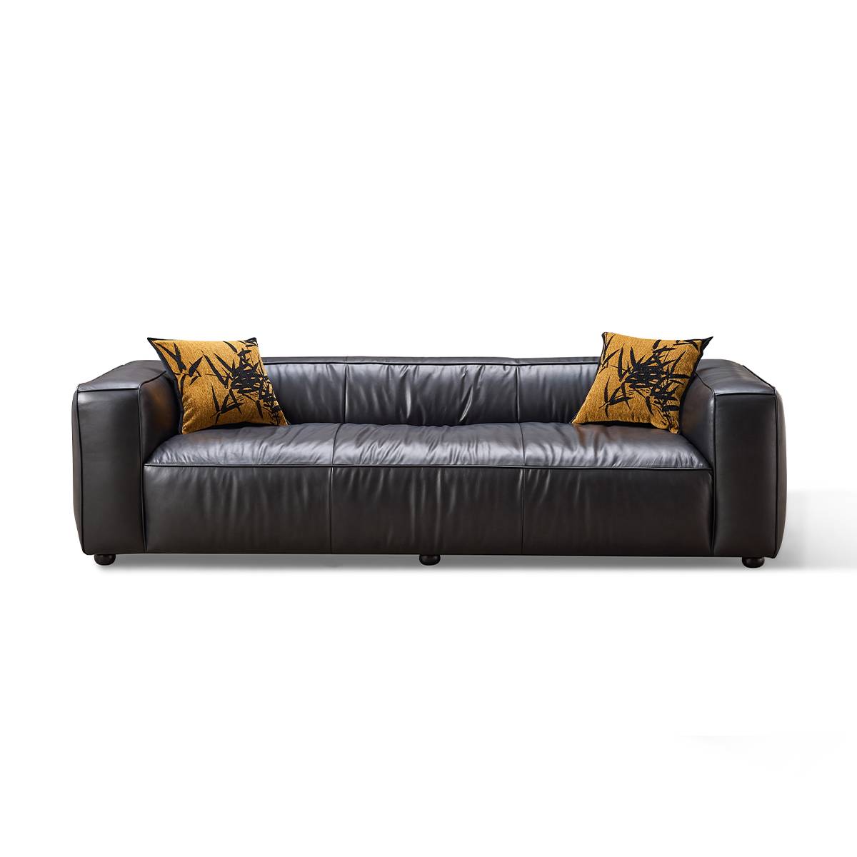 Front view of the sofa highlighting the seat cushions and legs