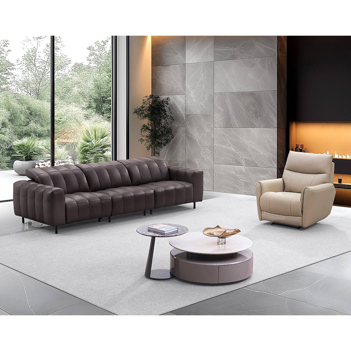 Wide shot showing the sofa and recliner arrangement with coffee tables
