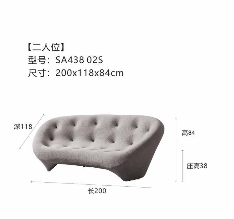 Diagram showing dimensions of the two-seater shell sofa: Length 200cm, Depth 118cm, Height 84cm, Seat Height 38cm.