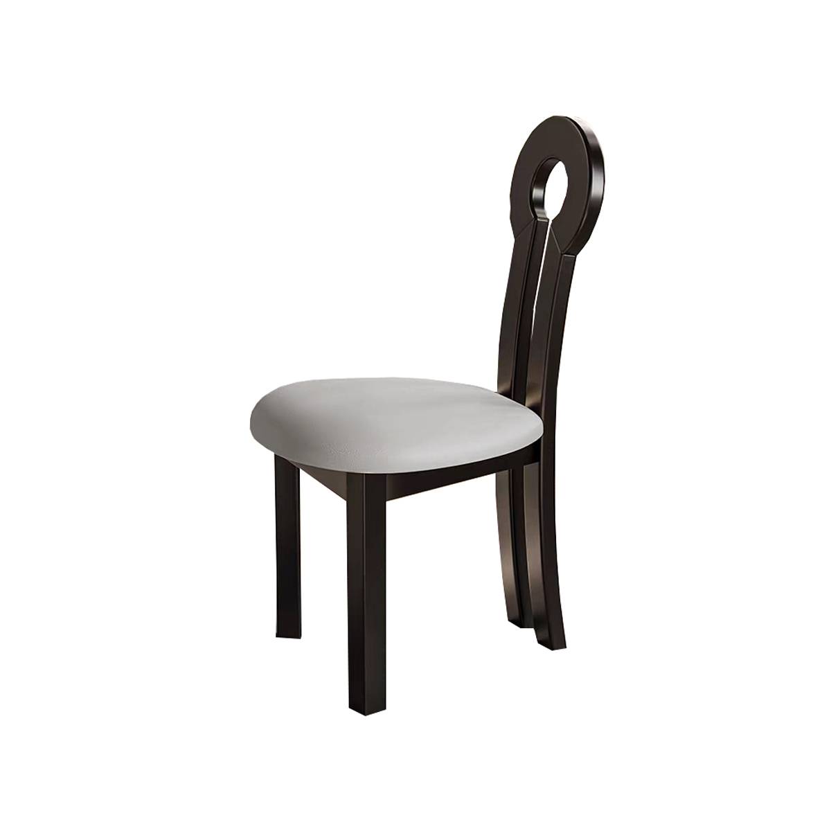 Side view of dining chair with walnut frame and white seat