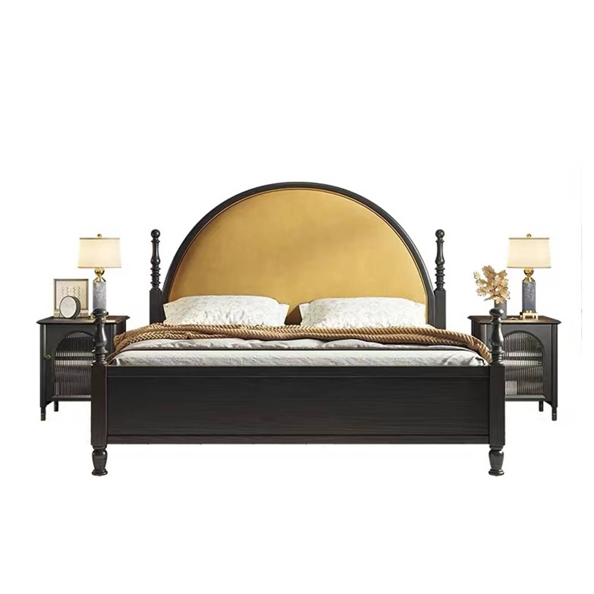 Close-up of the bed headboard and bedding arrangement