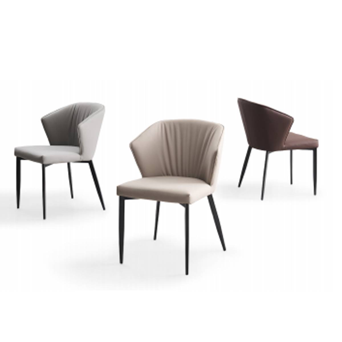 Alternative view of the modern dining chairs in grey, beige, and coffee colors.