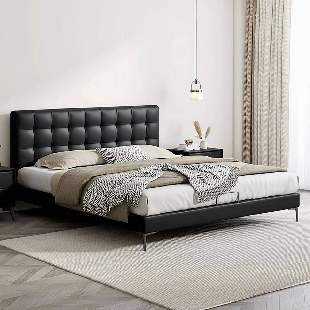 Side view of the black Barcelona bed with bedding and bedside table