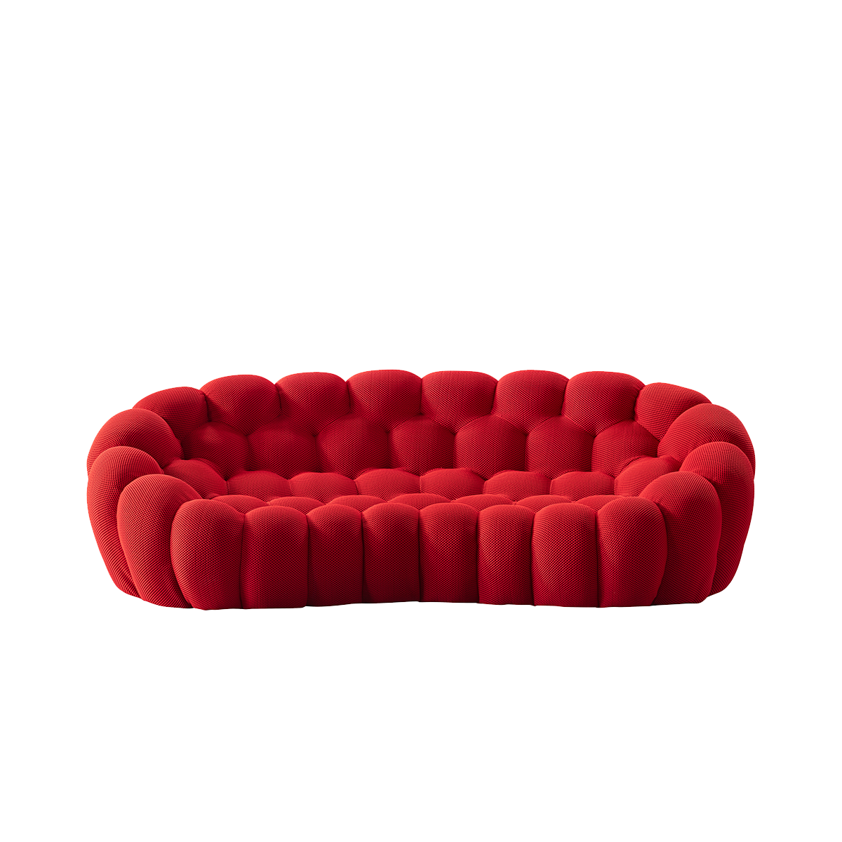 Front three-quarter view of the red bubble sofa