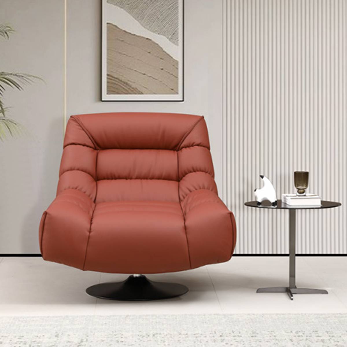 Front view of a terracotta-colored swivel lounge chair