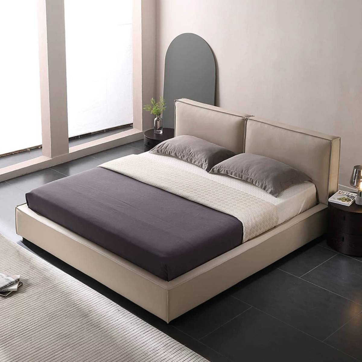 White A01 Tofu Block Bed in a modern bedroom setting with wooden flooring and grey rug