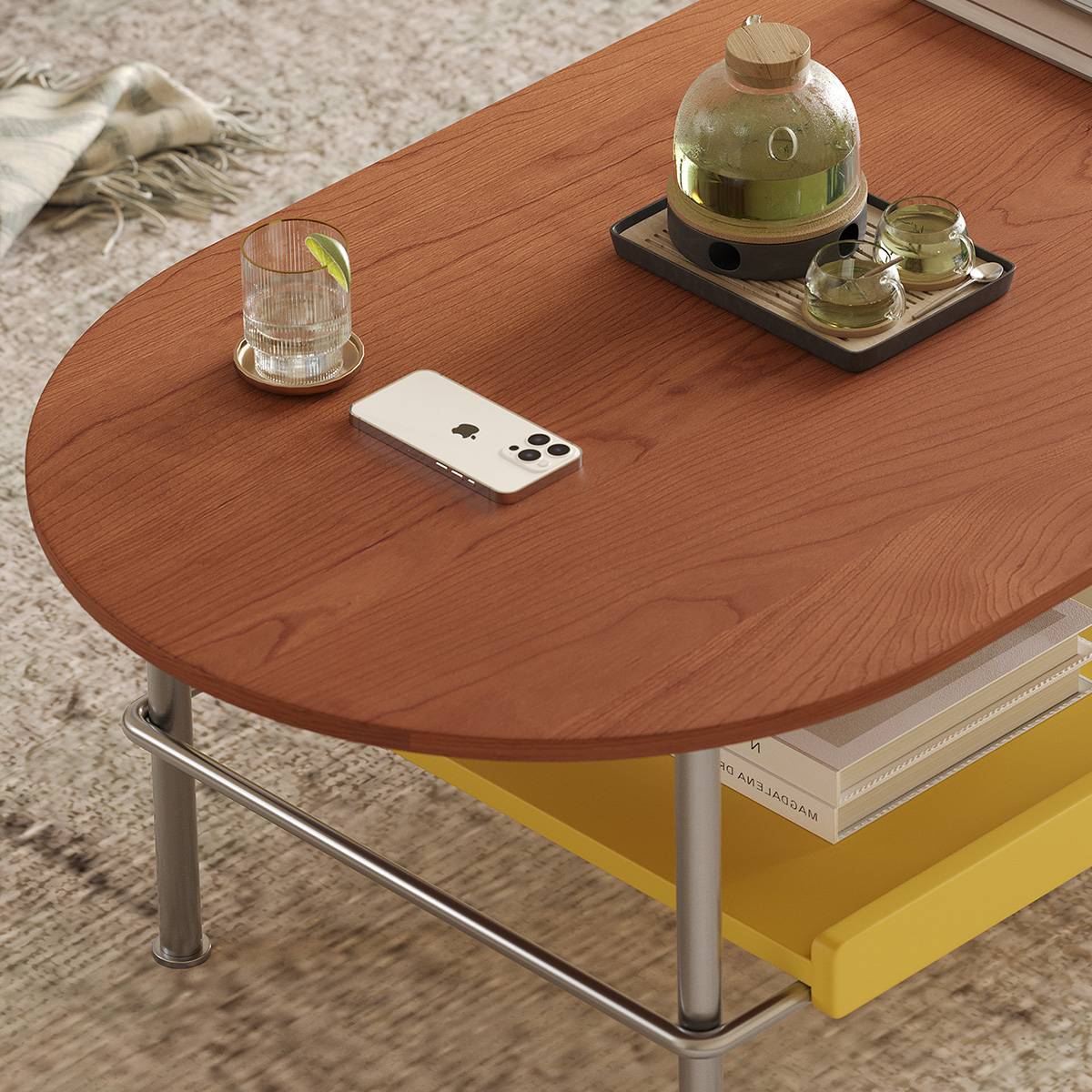 Close-up detail of the wooden tabletop surface and the stainless steel leg connection.