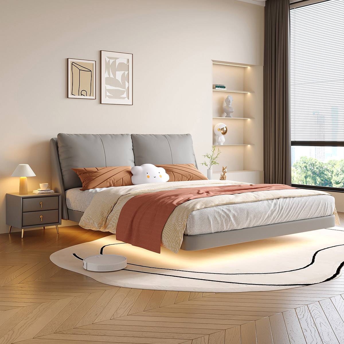 Grey eco-leather floating bed with LED lighting