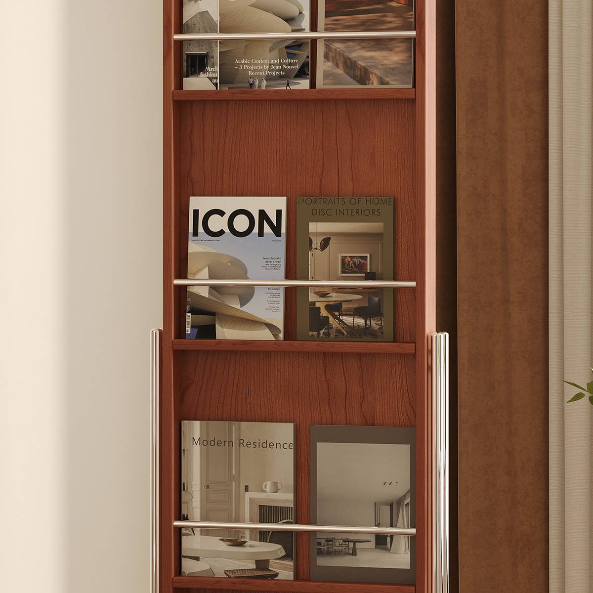 Close-up detail of the magazine rack shelves and wood grain texture