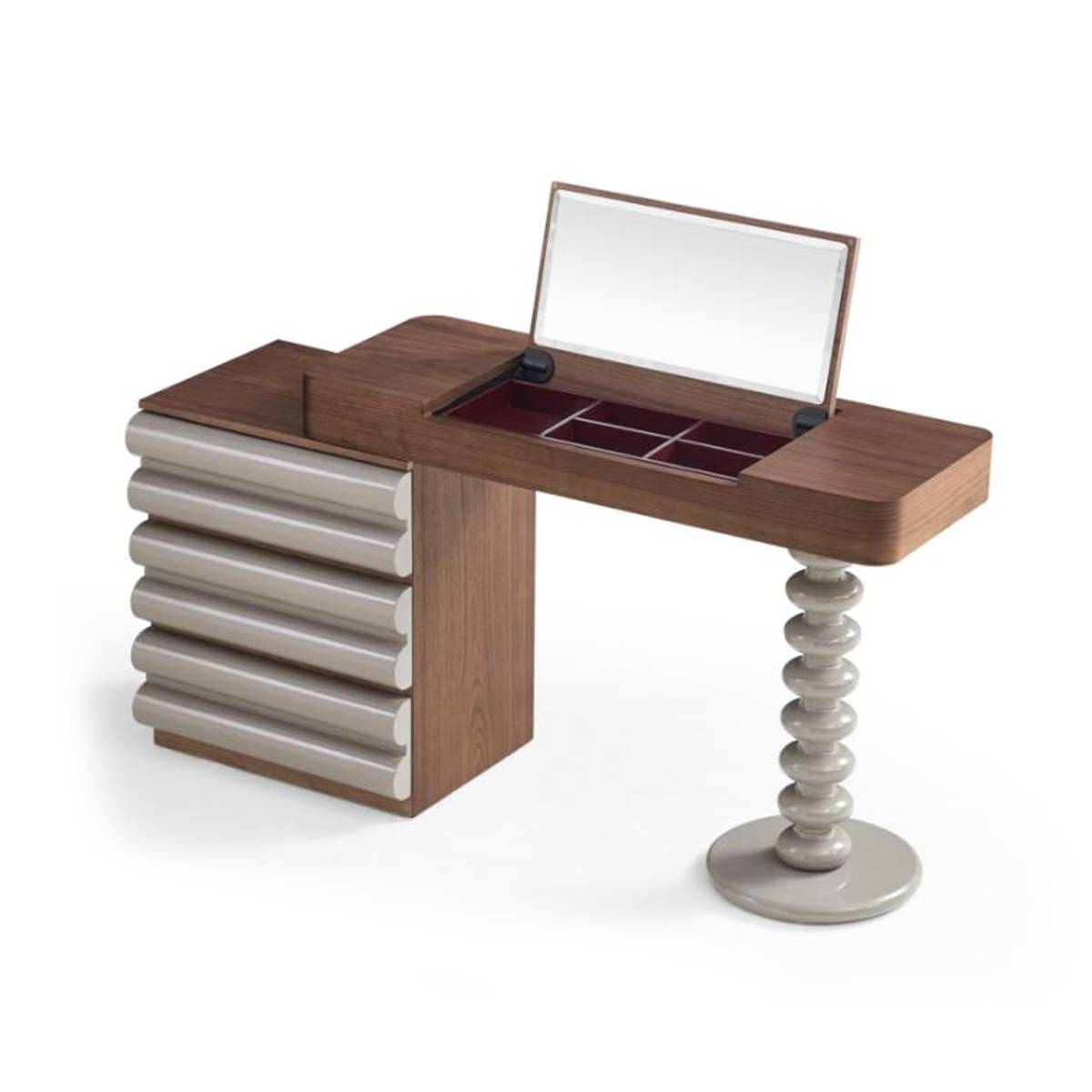 Angled view of the vanity table showing the open mirror and storage compartments