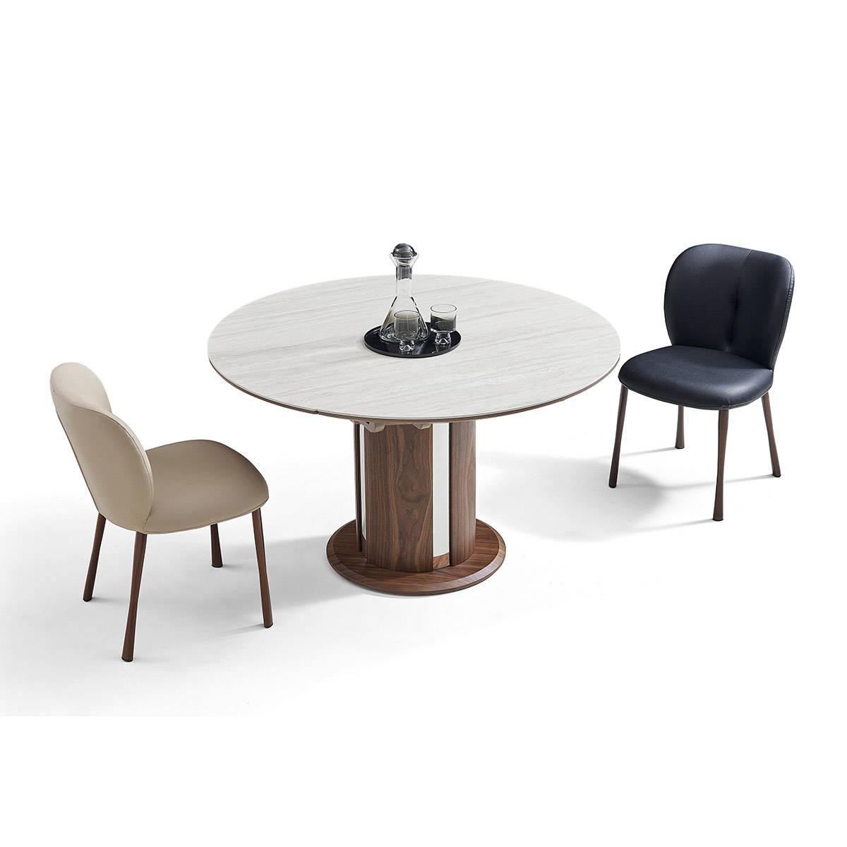 Angled view of the table in round shape with two chairs