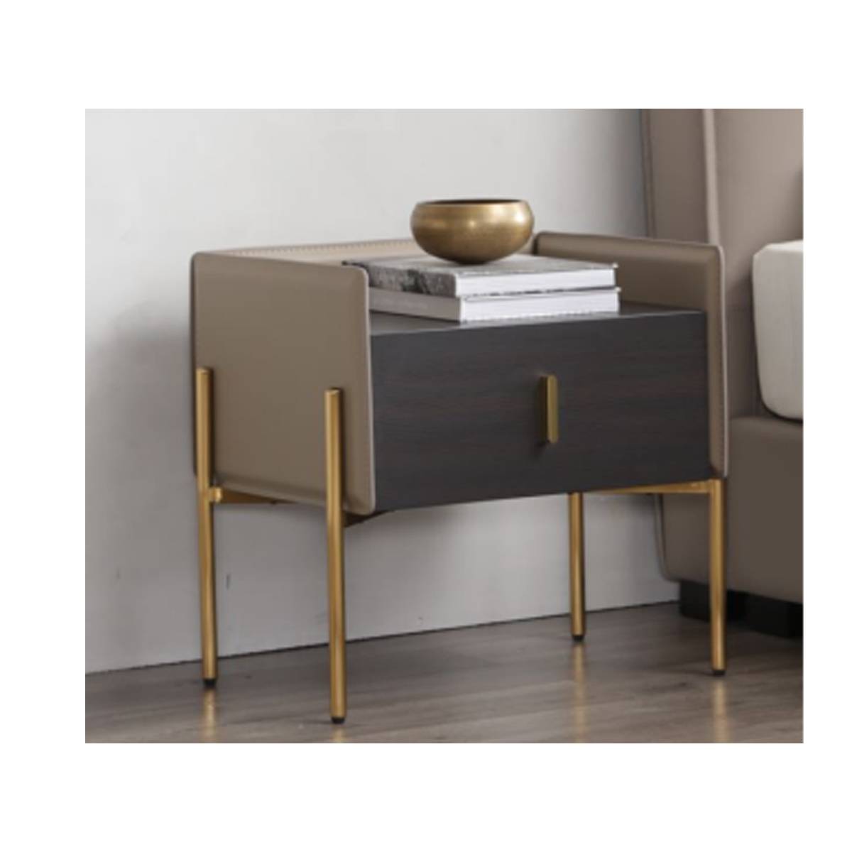 Saddle Leather Bedside Table (B45-F530) [Gold Legs]