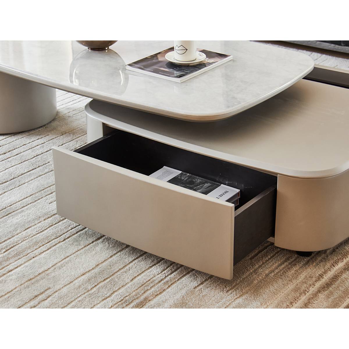 Close-up detail of the open drawer showing the interior finish and storage capacity.