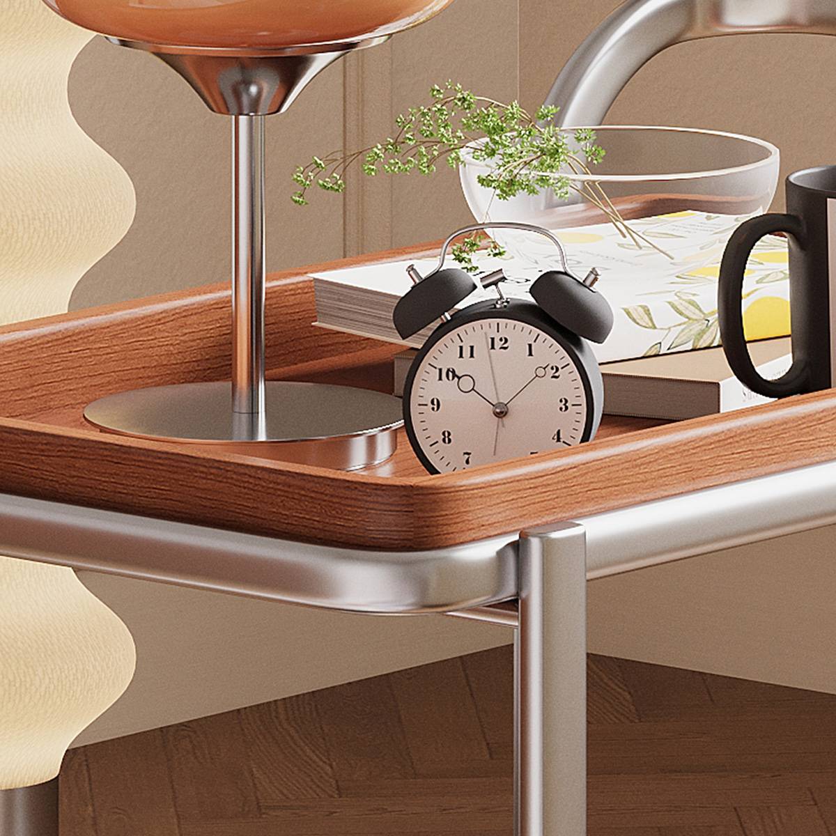 Close-up detail of the top tray showing wood grain and metal finish