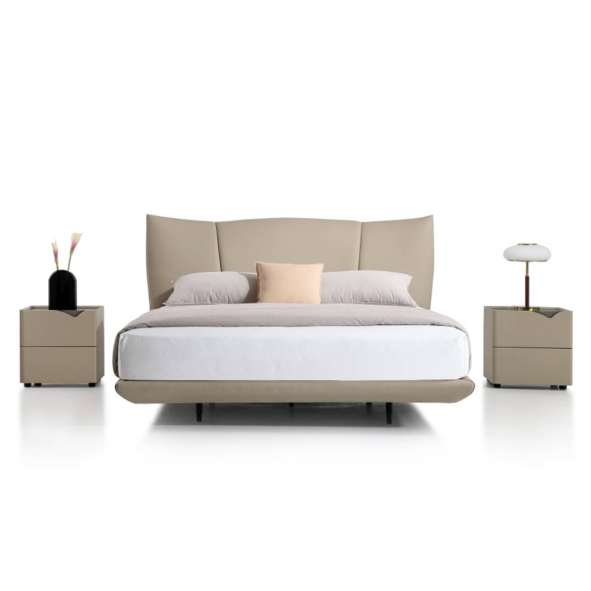 Front view of the beige leather soft bed showing the headboard design