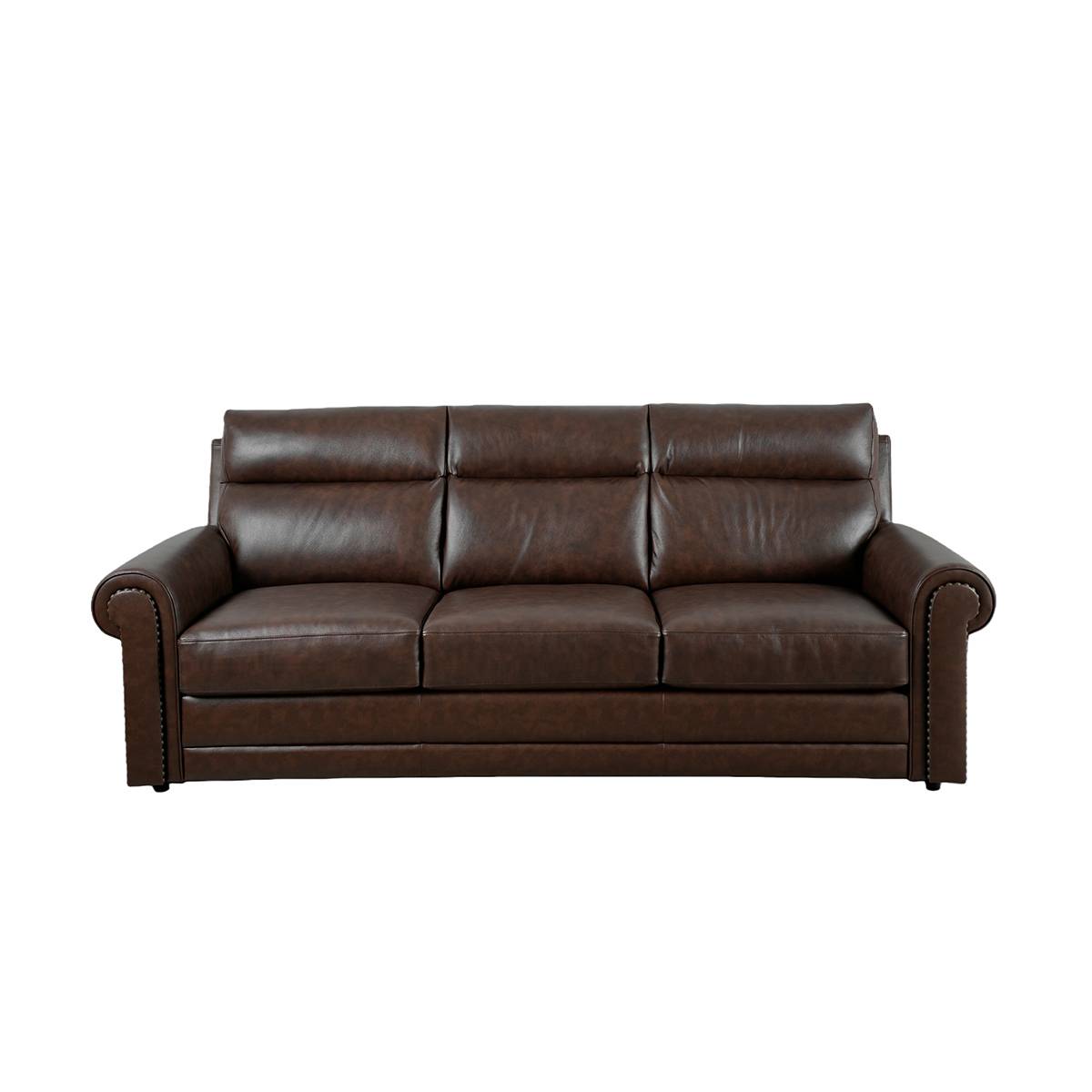 Front view of the Lourdes brown leather sofa against a white background