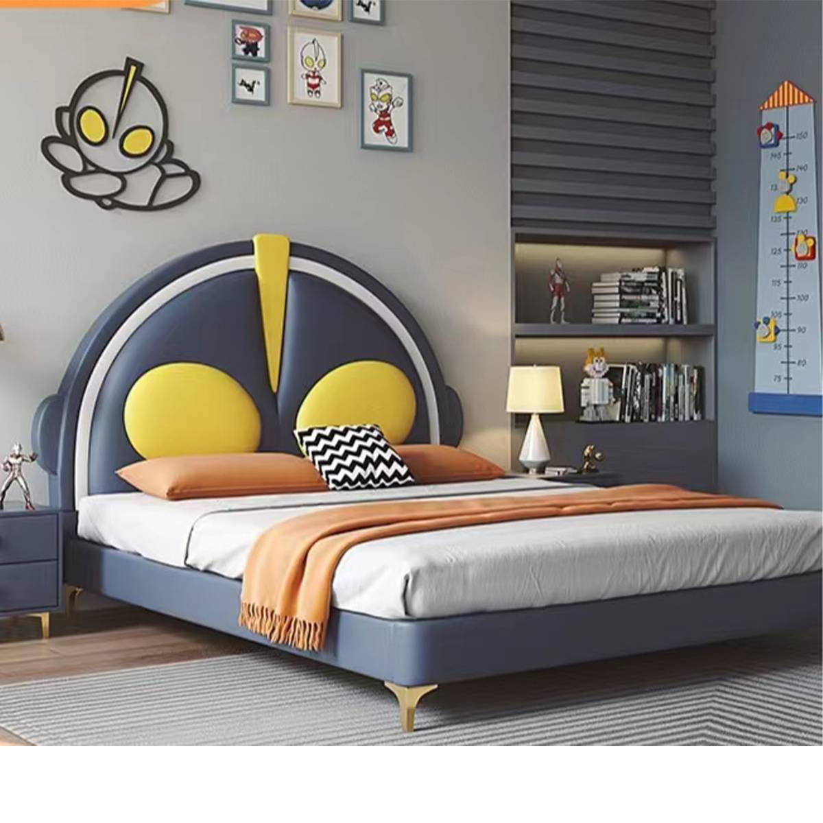Deep Blue upholstered children's bed with yellow accents and metal legs