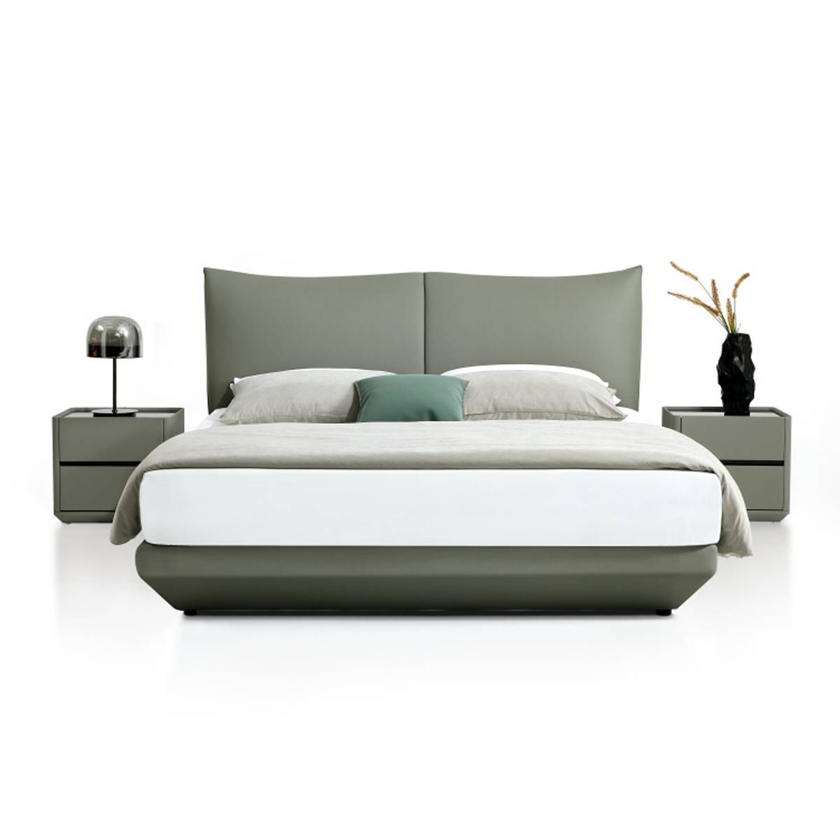 Front view of the modern soft bed showing the split headboard design
