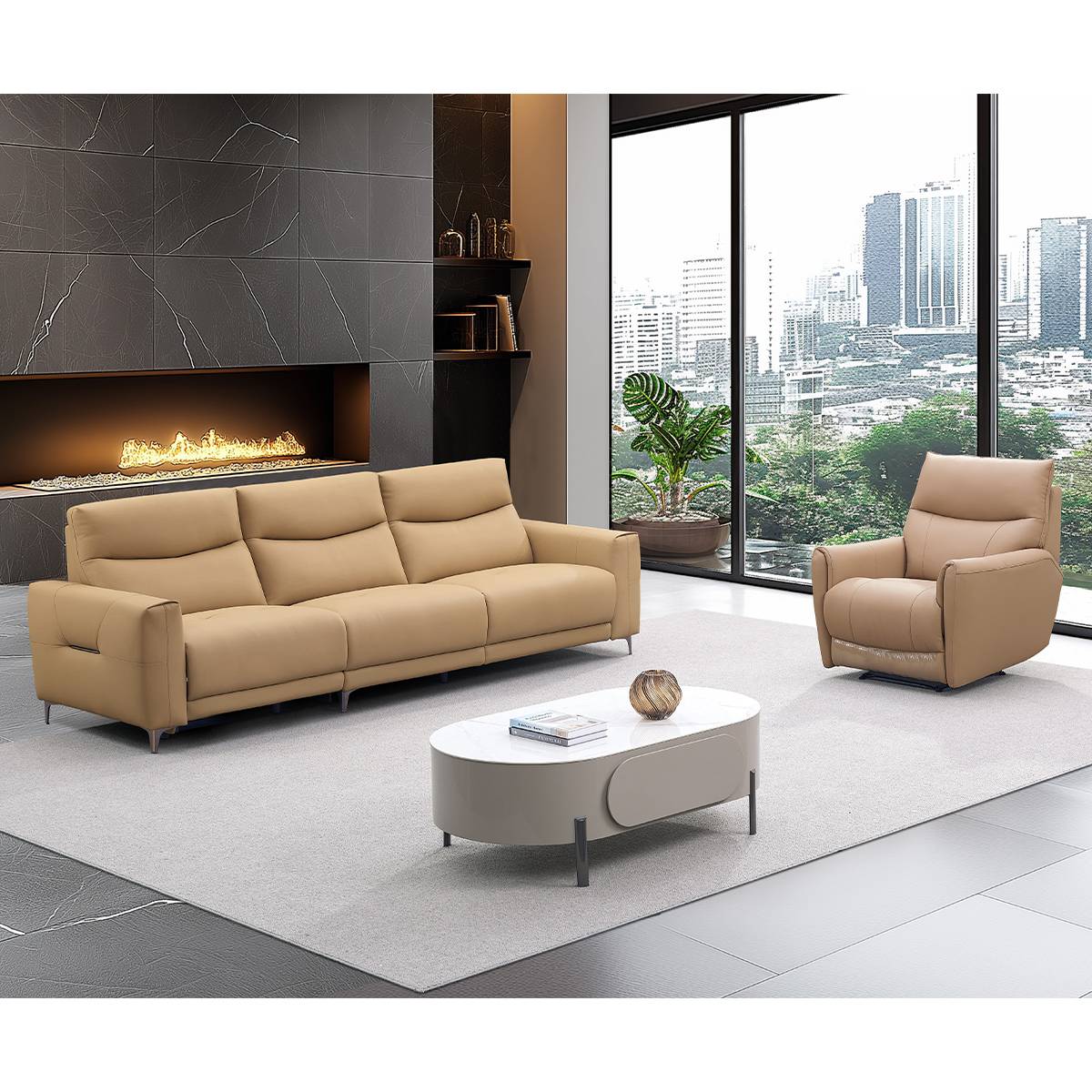 Wide shot showing the sofa and armchair arrangement in the living room.