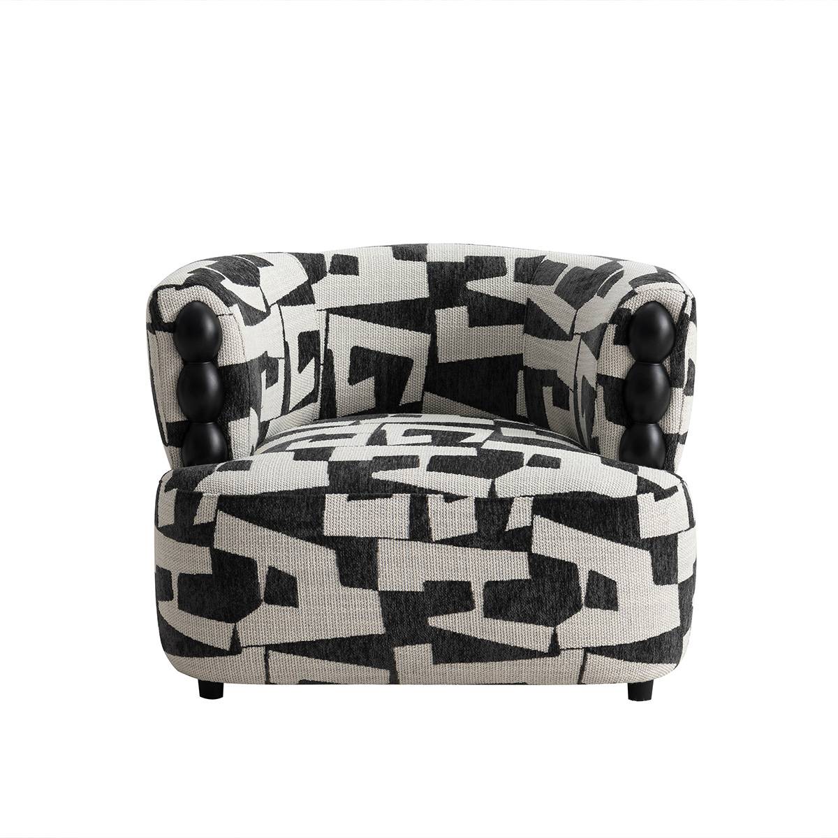 Front view of the beige and white geometric pattern lounge chair