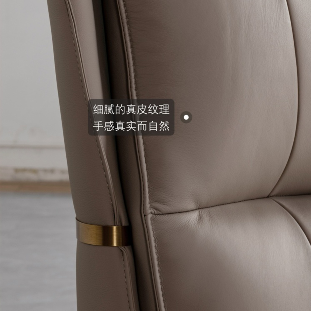 Close-up of the leather texture and gold metal accent on the headboard side