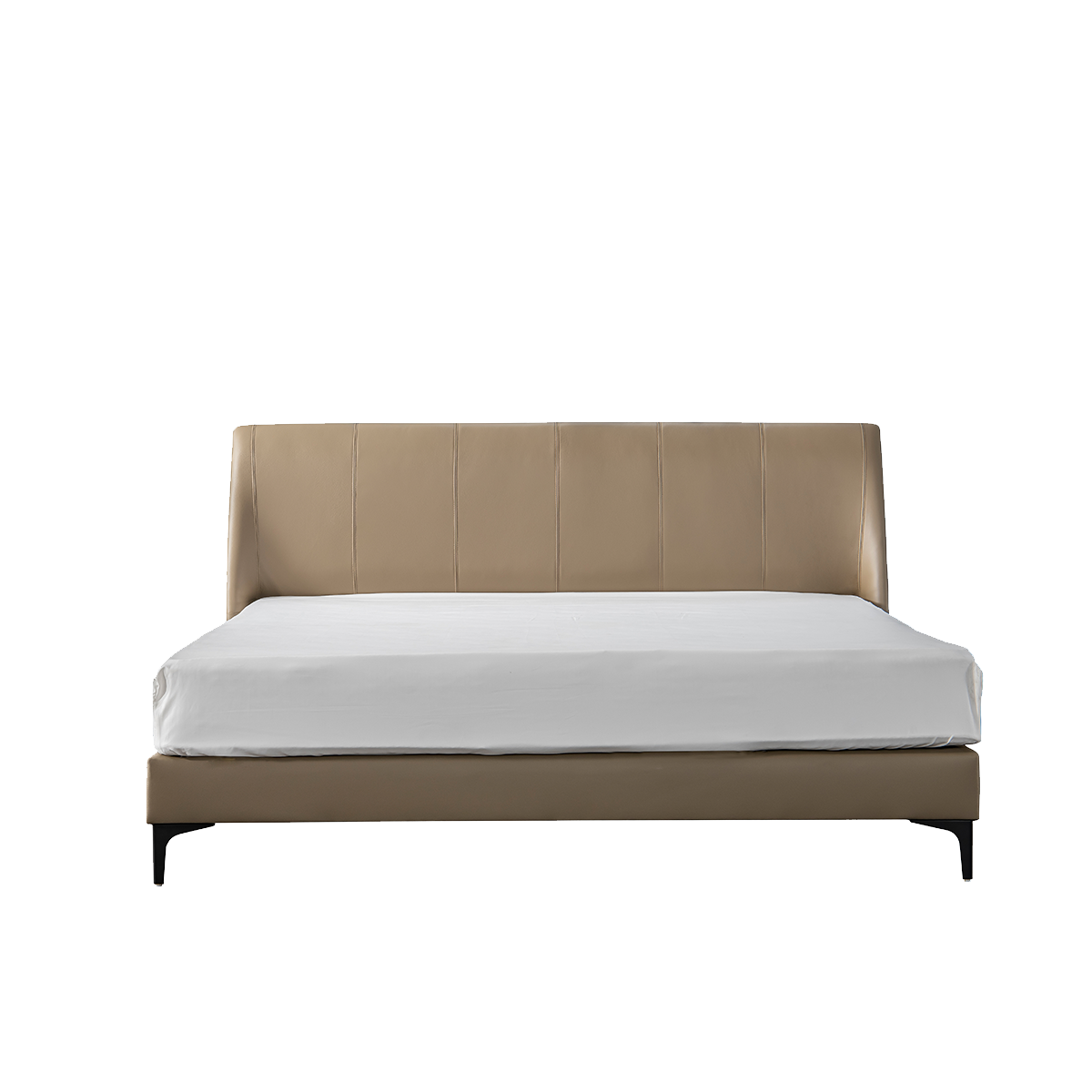 Front view of the beige leather bed showing the tufted headboard