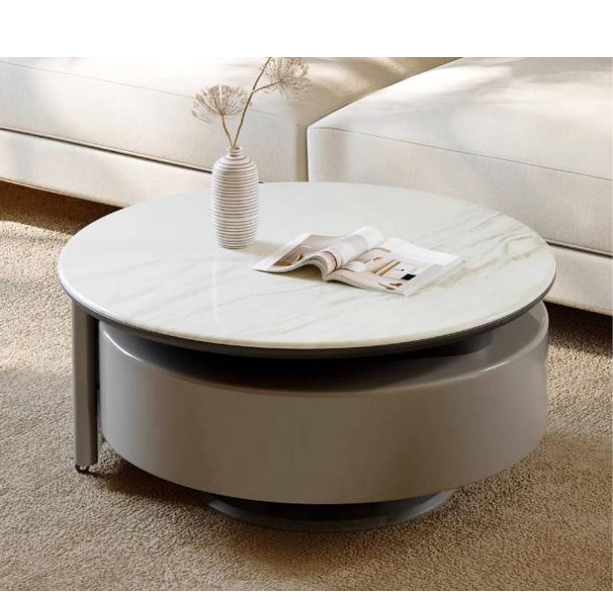 Close-up of the rotating coffee table with closed drawer