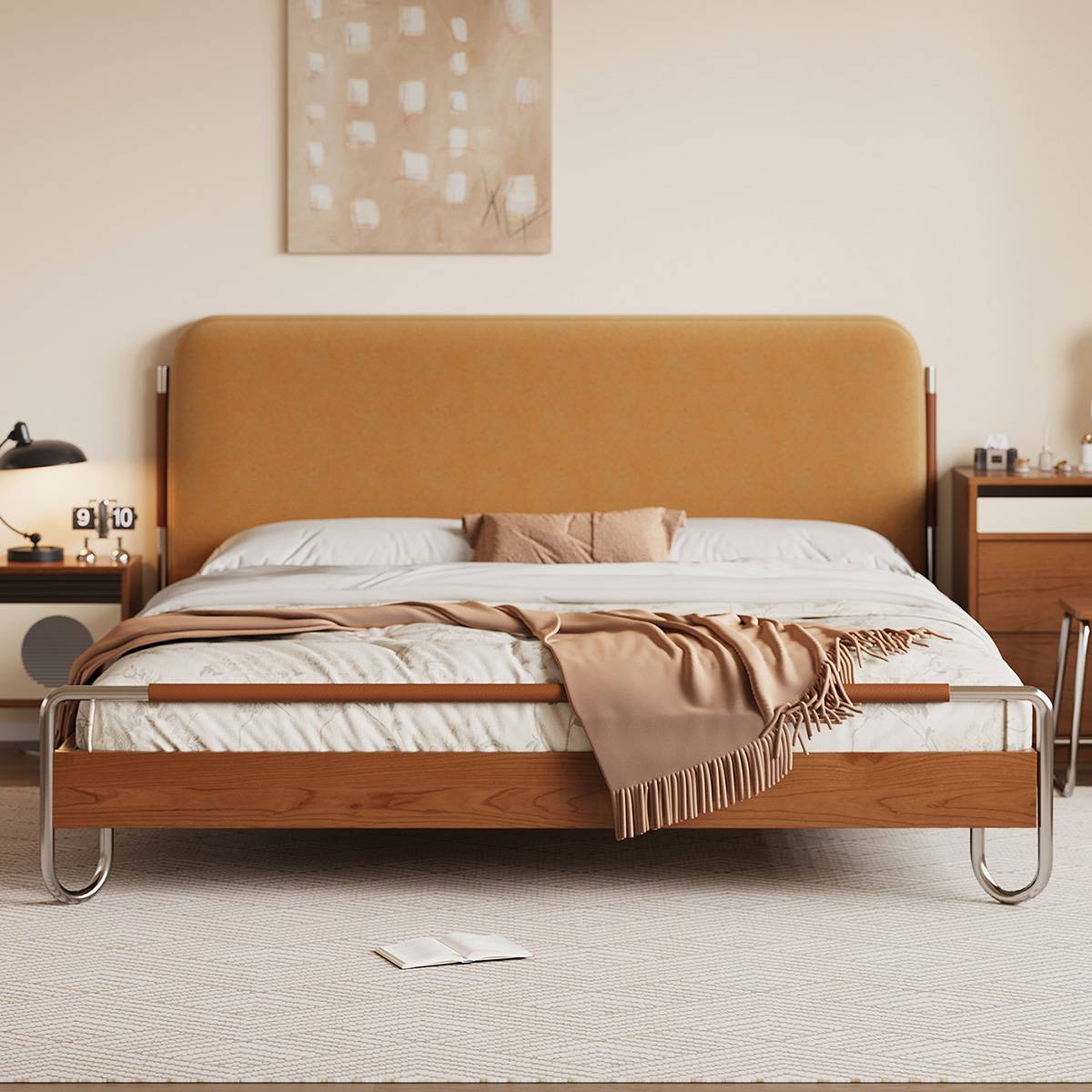 Full view of the Bauhaus soft bed in a bedroom setting
