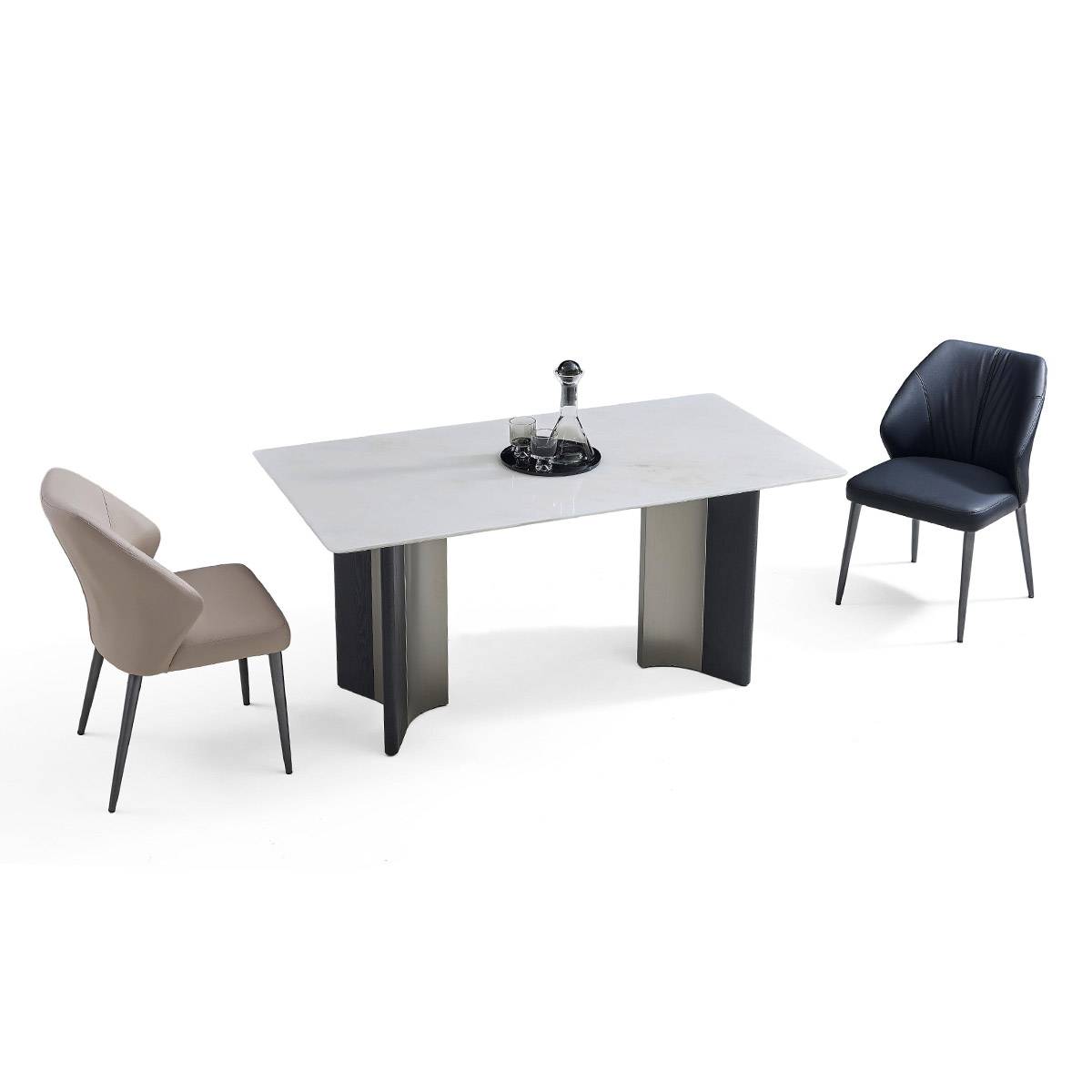 Dining table setup with two chairs, one beige and one black