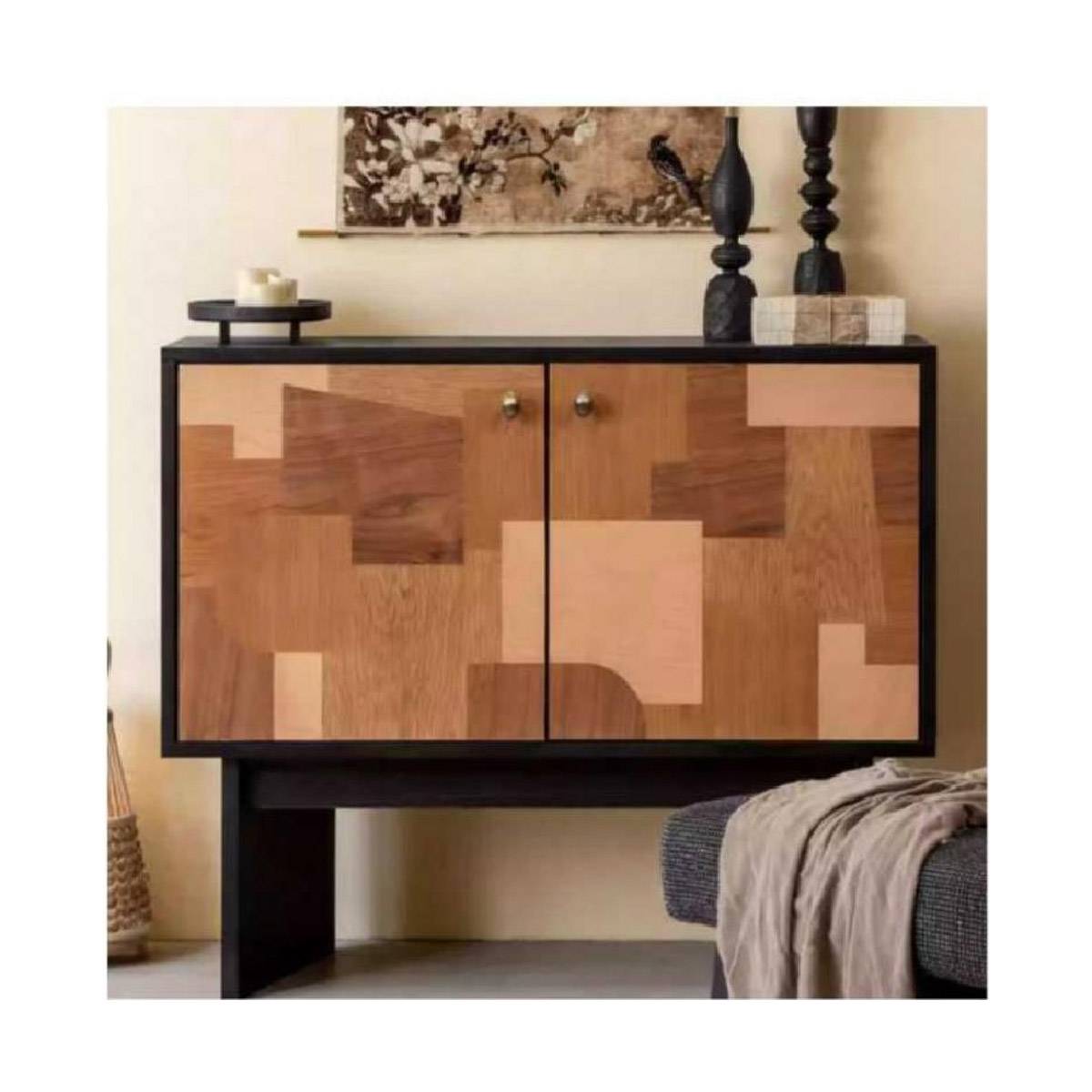 Front view of the sideboard highlighting the geometric wood pattern