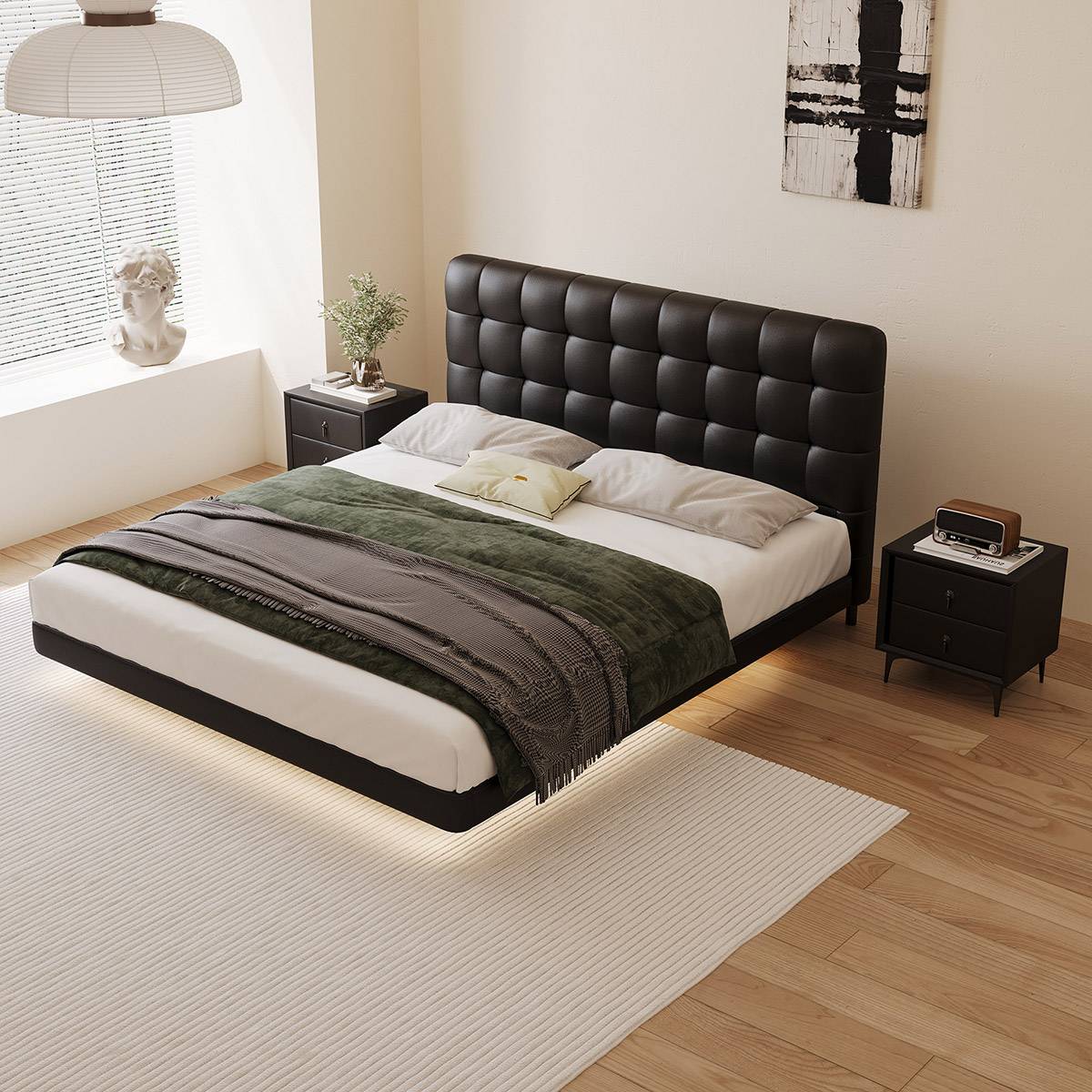 High angle view of black floating bed showing bed frame and LED strip