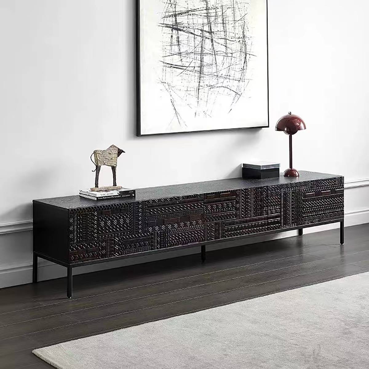 Side view of the red oak TV console in a living room setting