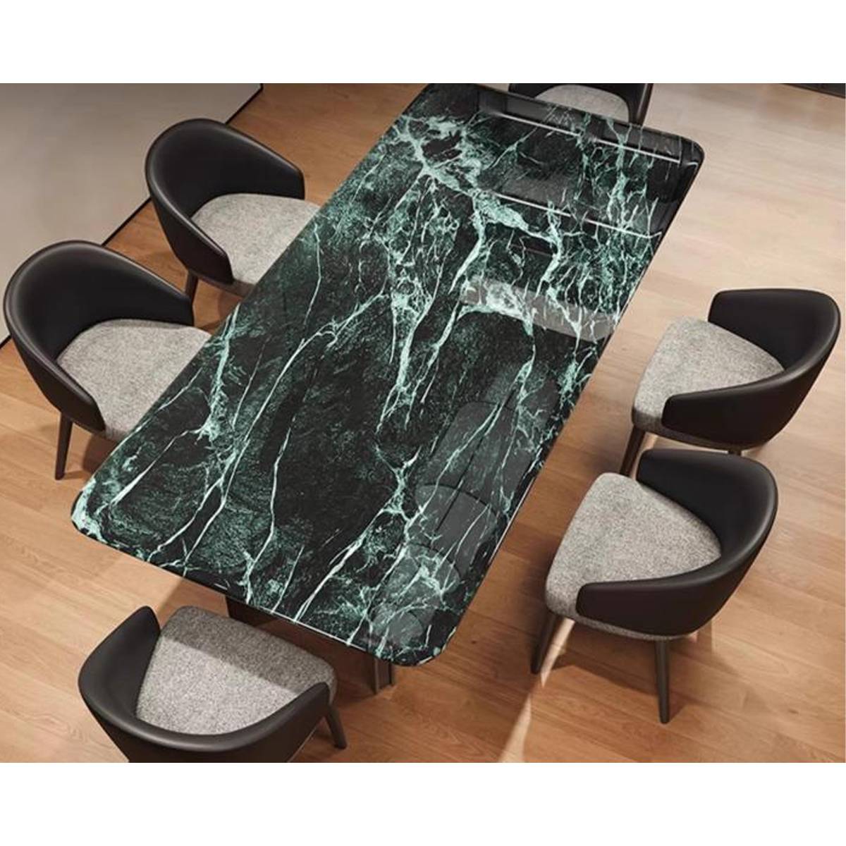 Top-down view of the Big Flower Green marble dining table showing the stone pattern