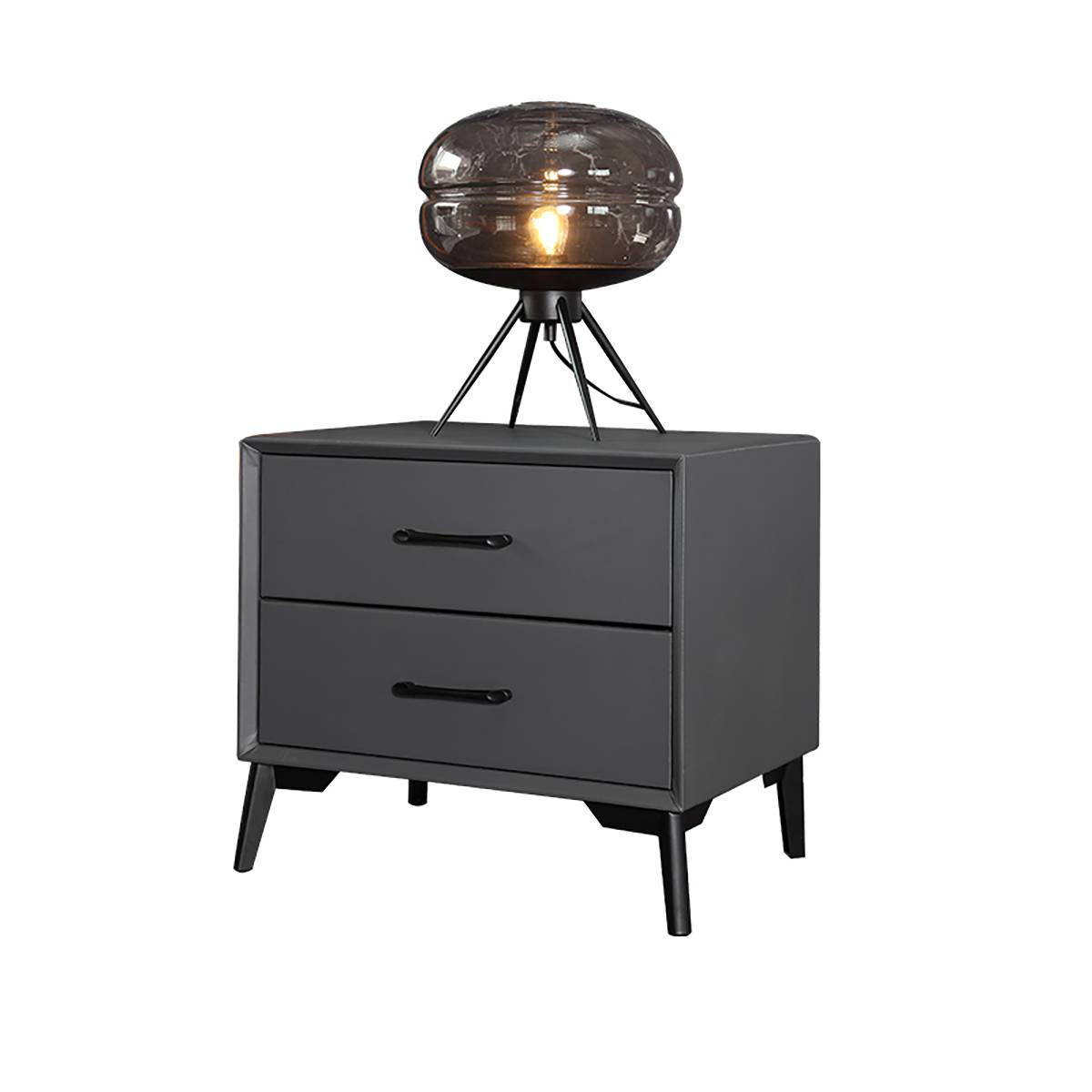 Front view of the grey bedside cabinet with lamp