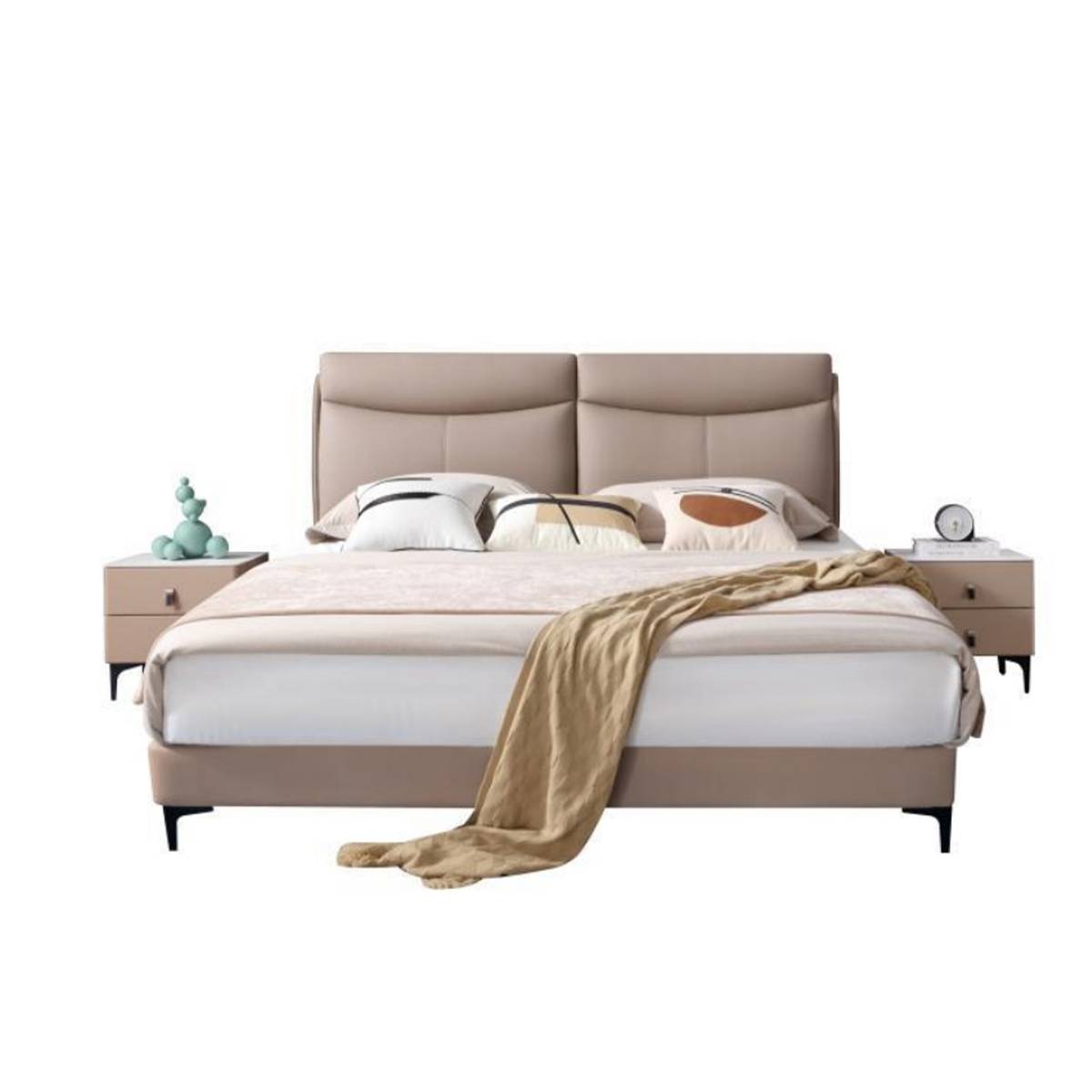 Front view of a beige upholstered bed with a padded headboard and black legs