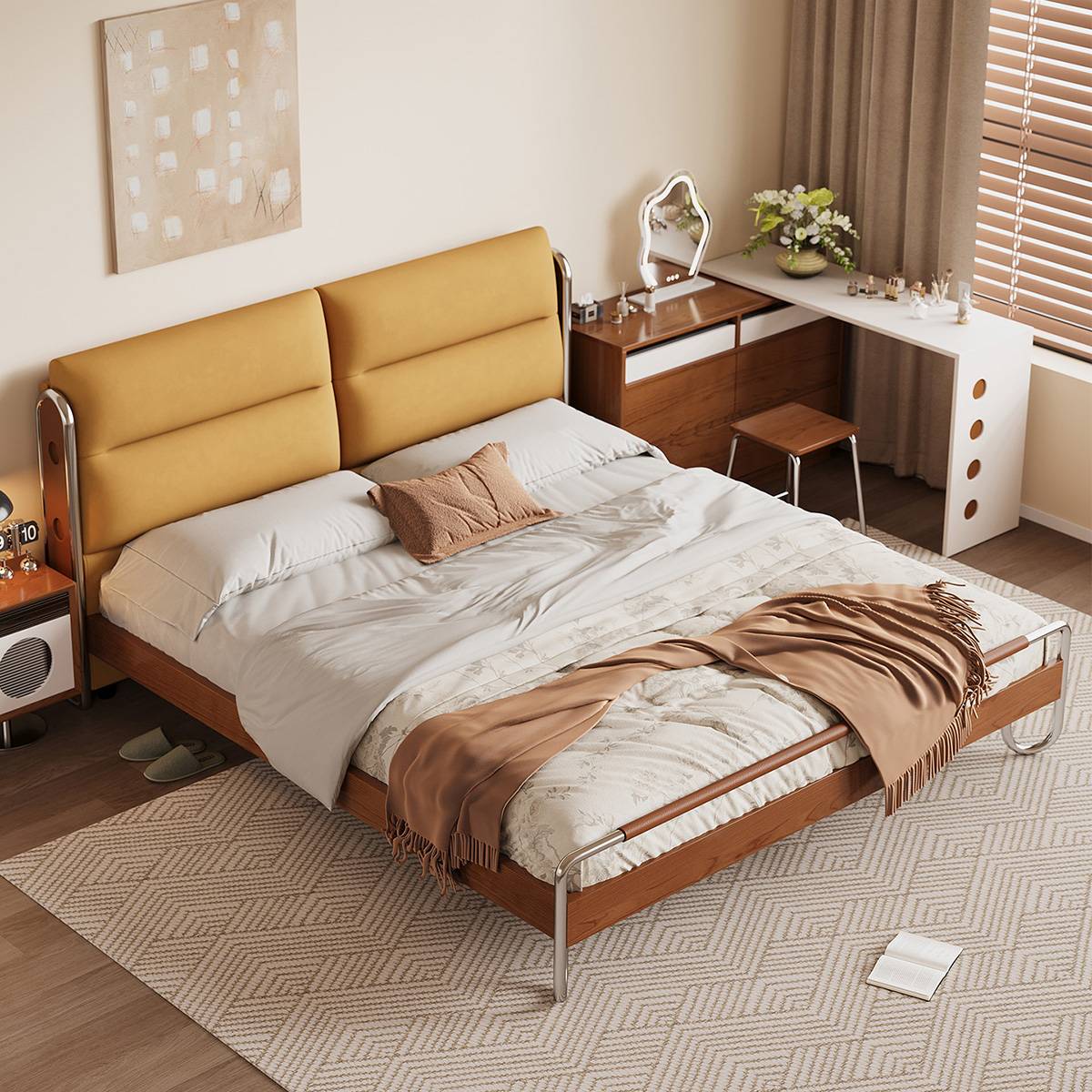 High-angle view of the yellow upholstered bed with white bedding and brown throw in a bedroom setting