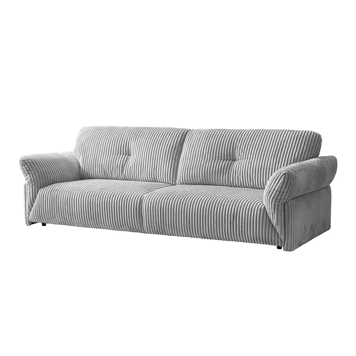 Side angle view of grey corduroy fabric sofa