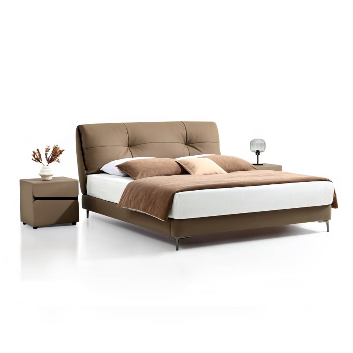 Side angle view of the brown leather bed highlighting the frame and legs