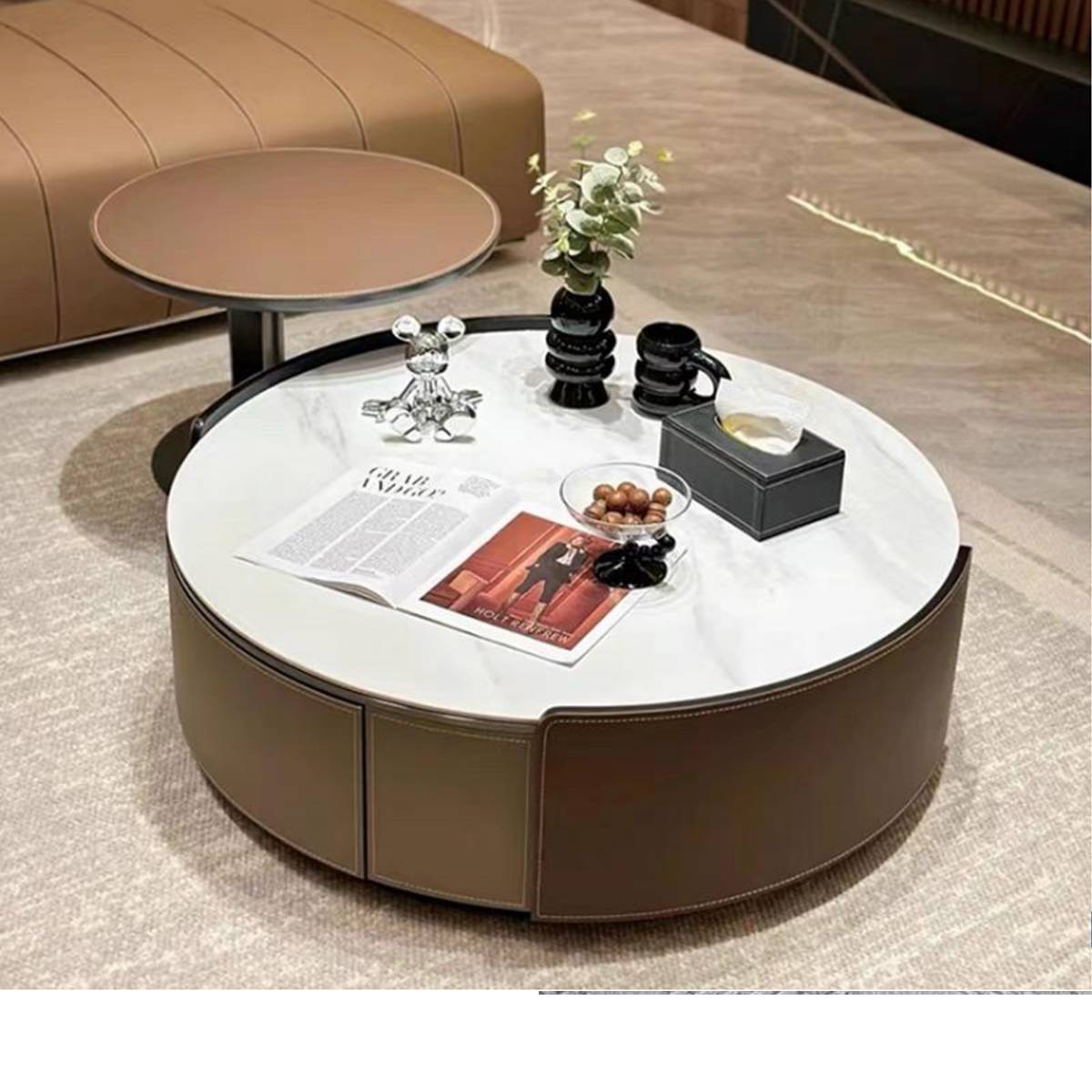 Brown and white marble coffee table set with saddle leather base and stainless steel legs