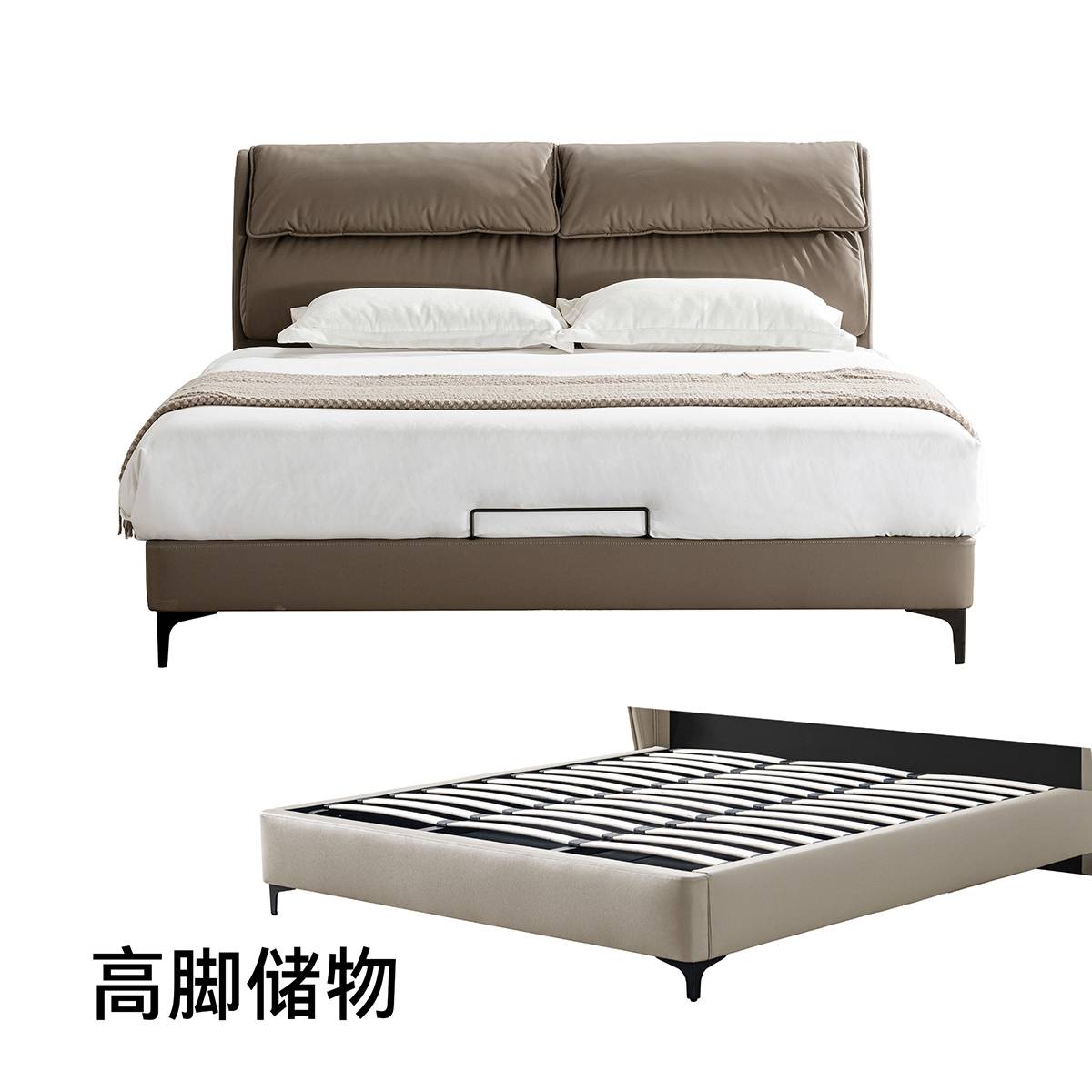 Detail image showing the high-leg storage configuration of the bed frame.