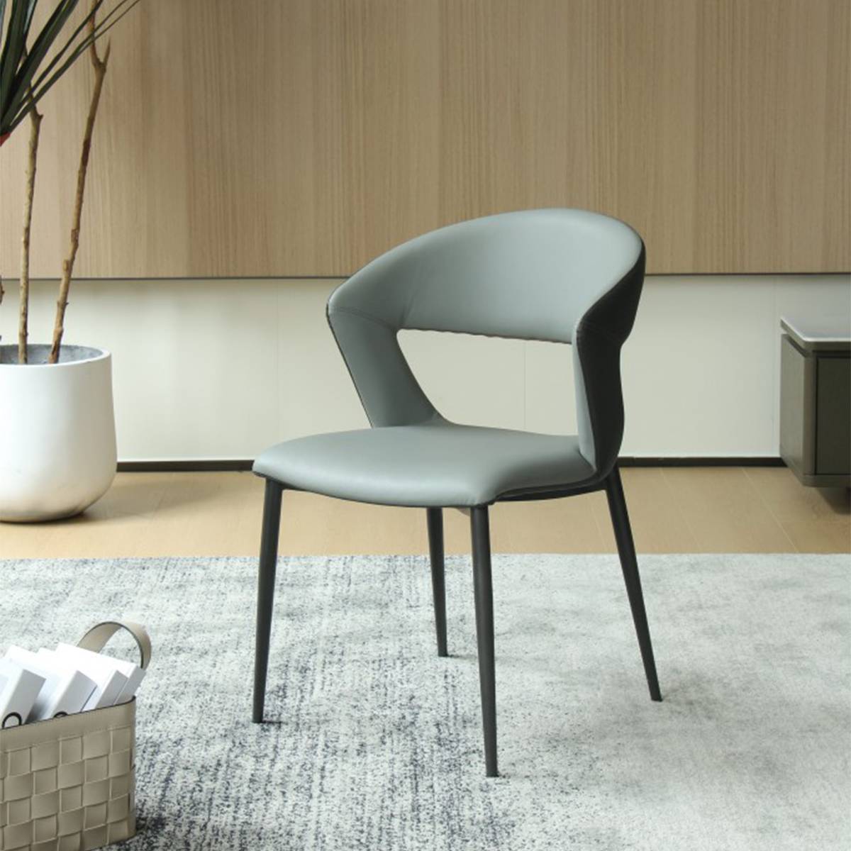 Side view of light blue dining chair