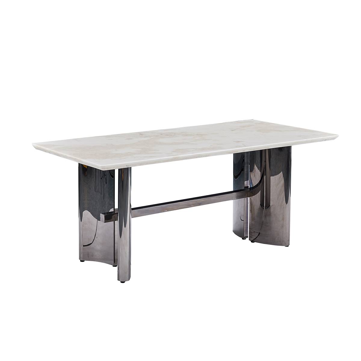 Side view of the Fendi White natural stone dining table showing the stainless steel base structure
