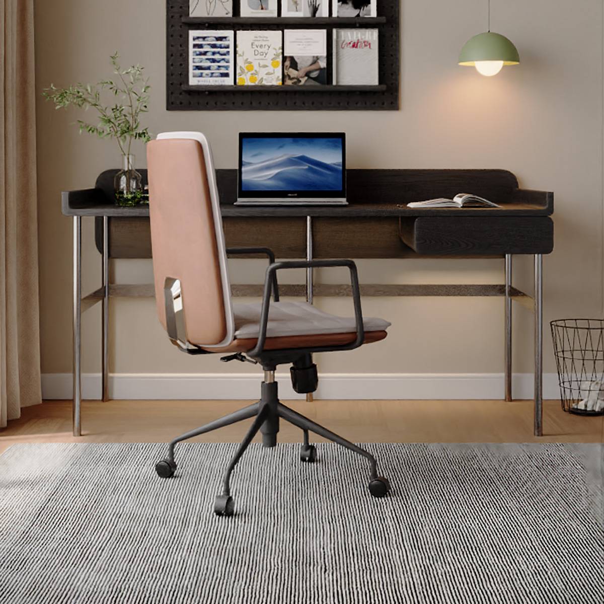 Front view of the black desk showing the velvet drawer and ambient lighting