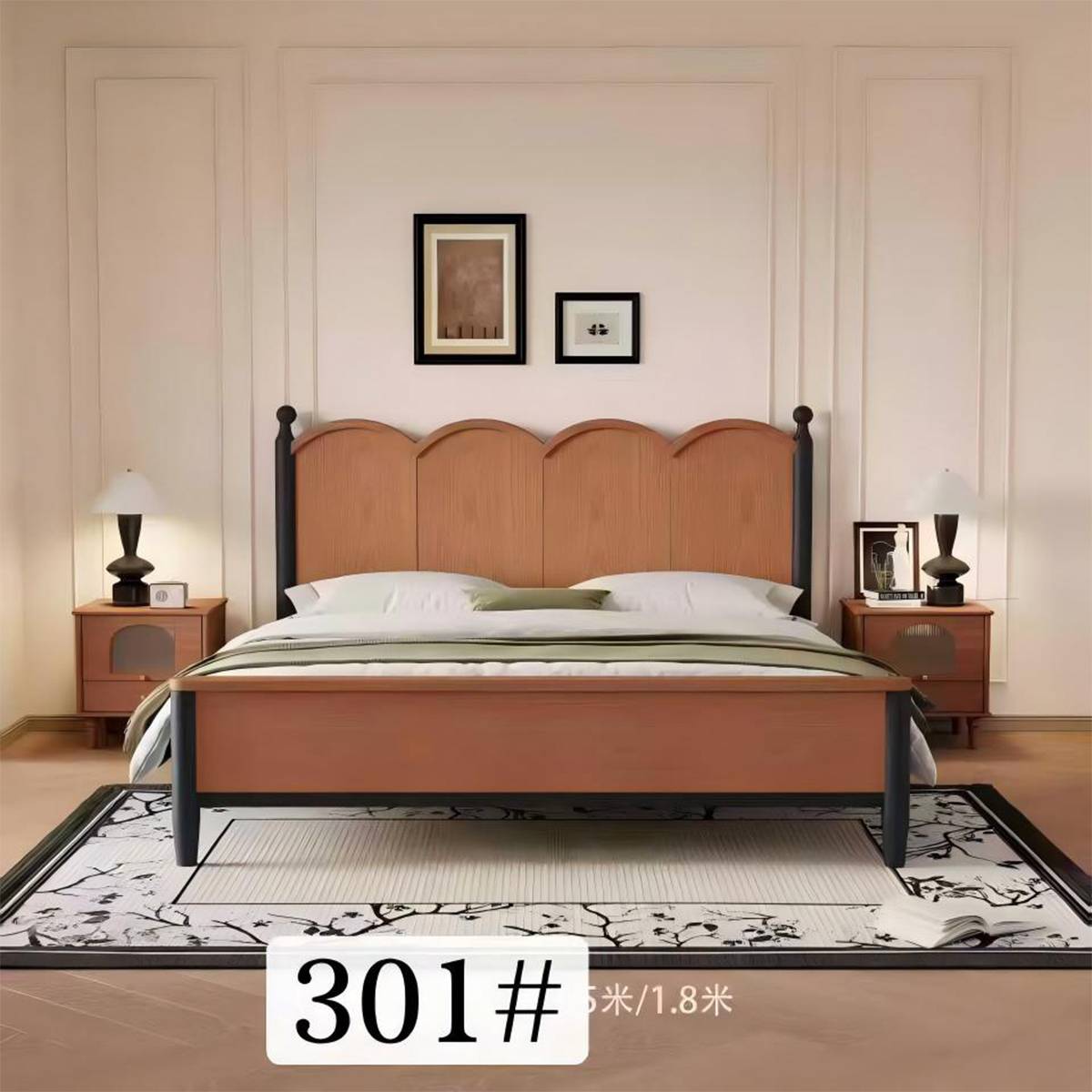Staged bedroom scene featuring the bed with bedding, nightstands, and lamps.