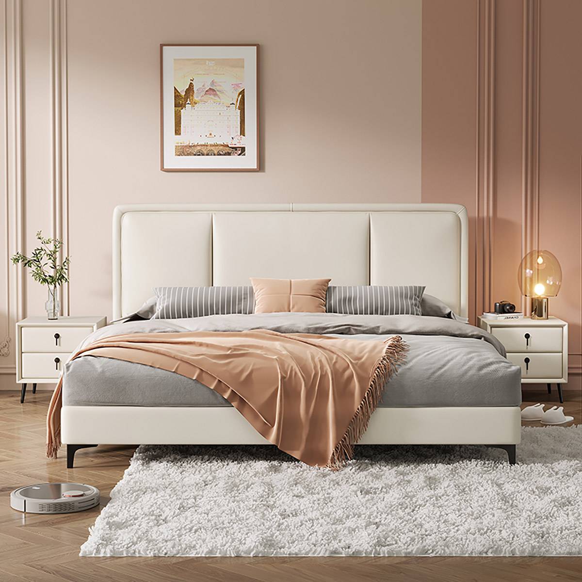 White upholstered bed with storage functionality in a modern bedroom setting
